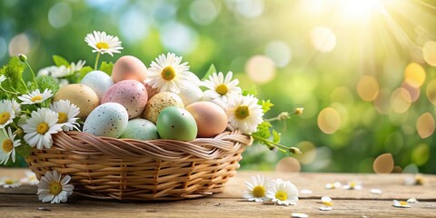 Poster - A delightful wicker basket overflowing with pastel-colored eggs nestled amongst cheerful daisies, bathed in the soft glow of springtime sunlight, creating a festive and heartwarming scene.