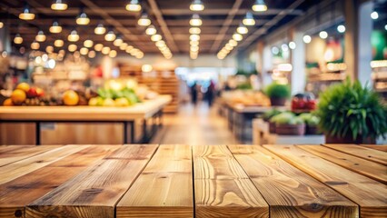 Poster - Rustic Wooden Tabletop in a Blurred Market Setting with Fresh Produce