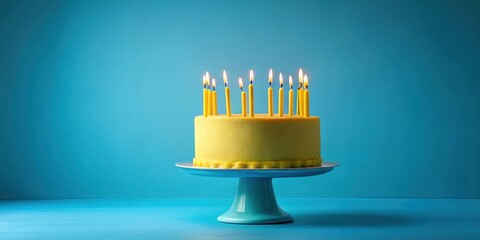 Aufkleber - A delightful lemon-colored cake, adorned with numerous burning candles, sits elegantly on a teal cake stand against a vibrant blue backdrop.