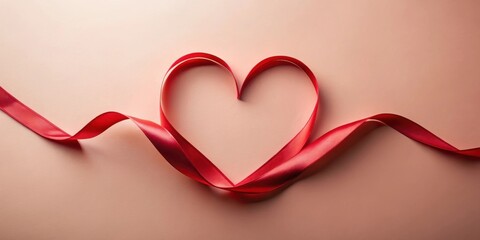 Poster - A crimson ribbon elegantly forms a heart shape against a soft peach backdrop, symbolizing affection and tenderness.