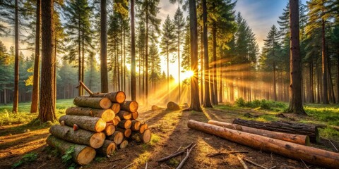 Poster - Golden sunrise rays illuminate a tranquil woodland scene, showcasing stacked lumber and felled logs amidst a dense forest of tall trees.
