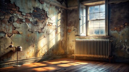 Poster - Sunlit Corner in a Derelict Room with Aged Walls and Hardwood Floors