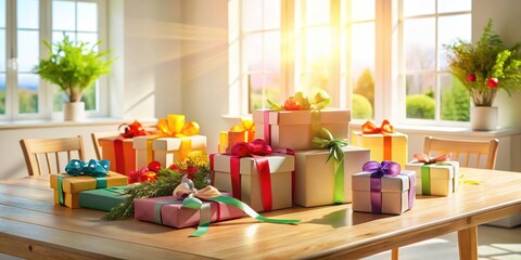 Aufkleber - A sunlit table displays an array of festively wrapped presents, showcasing various ribbon colors and sizes, creating a cheerful and celebratory atmosphere.