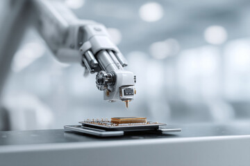Poster - Automated precision. Robotic arm carefully works on a circuit board. Illustrates technology, industry 4.0, automation, innovation, and the future of manufacturing.