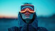 © Novcicrelax - A striking image of a woman looking up, adorned with neon-lit ski goggles against a stunning colorful sky, embodying the essence of adventure and modern technology in life.