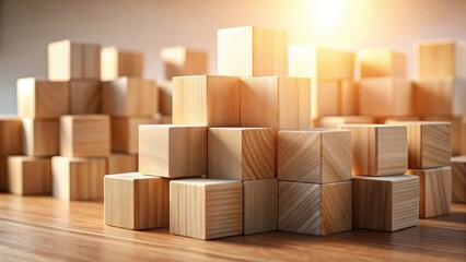 Aufkleber - Wooden blocks arranged in a pyramid shape, illuminated by warm sunlight, symbolizing growth, construction, and strategic planning.
