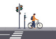 © Vector Factory - A young man cycles across a street at a crosswalk, interacting with a smart traffic signal. Modern urban scene, showcasing technology and pedestrian safety. Clear, bright illustration.