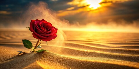 Aufkleber - A single red rose bravely blossoms amidst the golden sands, a breathtaking sunrise casting a warm glow, the gentle desert wind whispering secrets through the dunes.