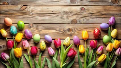 Poster - A Festive Arrangement of Colorful Easter Eggs and Spring Tulips on Rustic Wooden Background