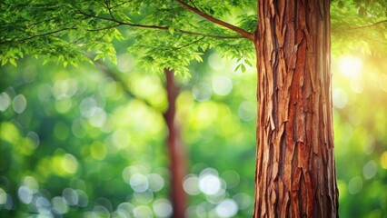 Poster - Lush Green Canopy and Sunlit Tree Trunk in a Vibrant Forest Setting