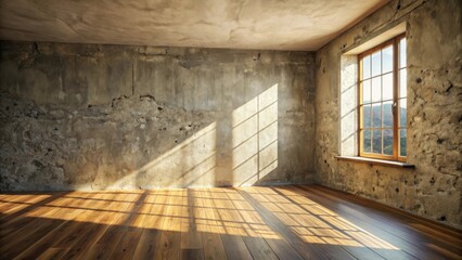 Poster - Rustic Room Interior Design Sunlit Hardwood Floor and Weathered Wall with Window View