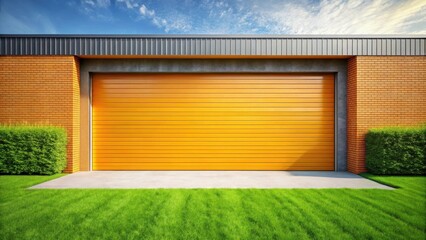 Poster - Bright Orange Garage Door in a Residential Setting with Lush Green Lawn