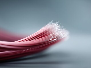 Poster - Abstract closeup of pink fiber optic cables, showcasing their delicate strands and light transmission.  Represents connectivity, technology, data flow, and the future.