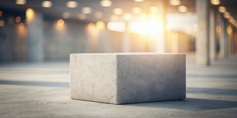 Poster - A sunlit concrete cube rests on a smooth floor, bathed in the warm glow of an architectural setting