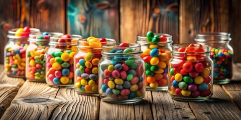 Poster - A delightful arrangement of colorful candy-filled jars on a rustic wooden surface