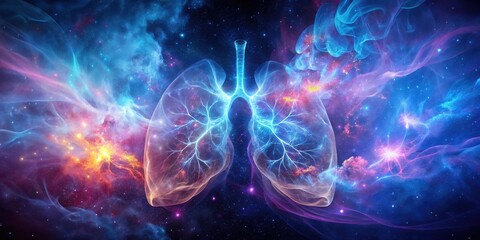 Poster - Luminous Respiratory System in a Celestial Nebula Breathtaking Image of Human Anatomy Against a Cosmic Background