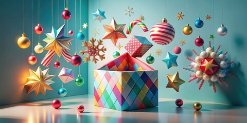 Aufkleber - Joyful Holiday Surprise A Festive Celebration of Ornaments, Stars, and a Gift Box