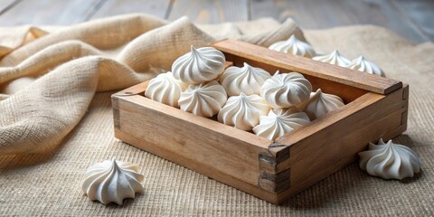Poster - Delicate meringue cookies nestled in a rustic wooden crate, resting on a textured fabric surface