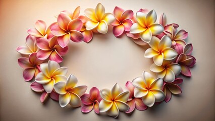 Poster - An Oval Frame of Delicate Pink and White Tropical Blossoms Arranged on a Soft Beige Background, Ideal for Elegant Designs and Invitations