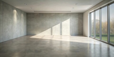 Poster - Sunlit Empty Room with Concrete Walls and Polished Floor Ready for Interior Design