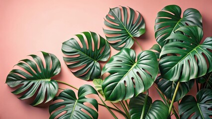 Aufkleber - Vibrant Green Tropical Foliage Arranged Against a Soft Pink Background, Creating a Visually Appealing and Serene Composition Perfect for Design Projects