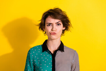 Poster - Photo of minded lovely cute girl wear stylish print clothes hmm solution isolated on yellow color background