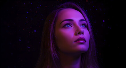 Poster - Young woman looking up with neon glow. Close up portrait of female head with glowing eyes. Thoughtful futuristic concept.