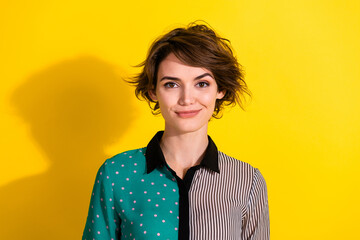 Poster - Photo of lovely adorable nice girl wear stylish print clothes isolated on yellow color background