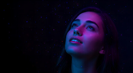 Poster - Woman looking up with blue and purple neon light. Dreamy face in dark space with glitter. AI future, new opportunity concept.