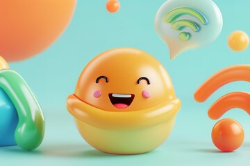 Poster - Happy connected world: Cartoon face with WiFi spheres and curved lines in vibrant colors