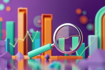 Poster - Magnifying glass analyzing a colorful 3D chart with vibrant bars and a rising trend
