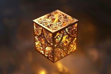 Poster - Ornate Glowing Cube: A golden intricately designed cube emitting warm ambient light
