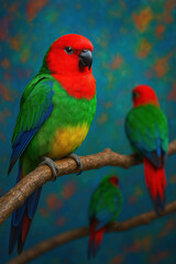 Naklejka na meble Vivid Red-and-Green Parrots Perched on Branch Against Vibrant Teal Background