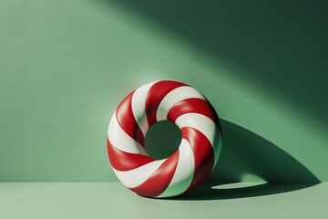 Poster - Red and white striped ring leans against a solid green wall in a studio setting