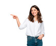 © practice  - A smiling businesswoman pointing at a blank space on transparent background, PNG