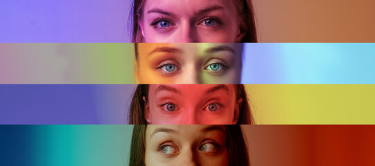 Poster - Colorful close-up of expressive eyes showcasing varied hues and emotions in a creative art setting