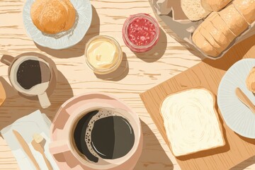 Poster - Morning Bakery Experience With Coffee, Bread, and Jam on a Wooden Table for a Relaxing Start to the Day