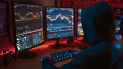 Poster - Expert trader analyzes market trends while surrounded by multiple screens in a dark workspace