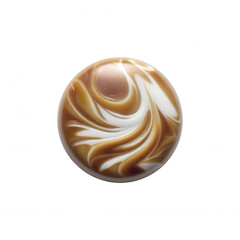 Poster - An abstract circular pattern reveals swirling streaks of creamy white within a rich caramel brown, creating a mesmerizing marbleized effect on a glossy orb surface.