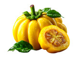 Whole garcinia fruit with half-cut showing juicy interior,