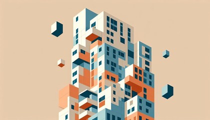 Poster - Abstract geometric city illustration with floating blocks and minimalist design