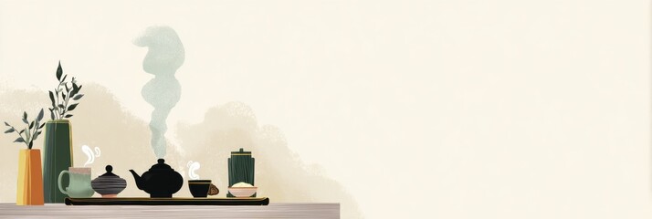 Poster - Captivating Tea Ceremony Setup Featuring Steam and Calm Colors, Inviting Tranquility in a Minimalist Design Perfect for Relaxation