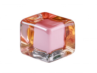 Poster - A pink cube is encased in a transparent glass cube that refracts warm colors and light, sitting on a white surface and showing its unique texture design.