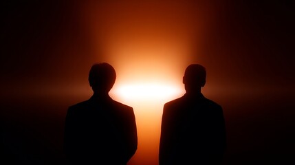 Aufkleber - Two silhouettes stand in front of a glowing backdrop. The dramatic lighting creates a mysterious atmosphere. This image captures a moment of intrigue and reflection. AI