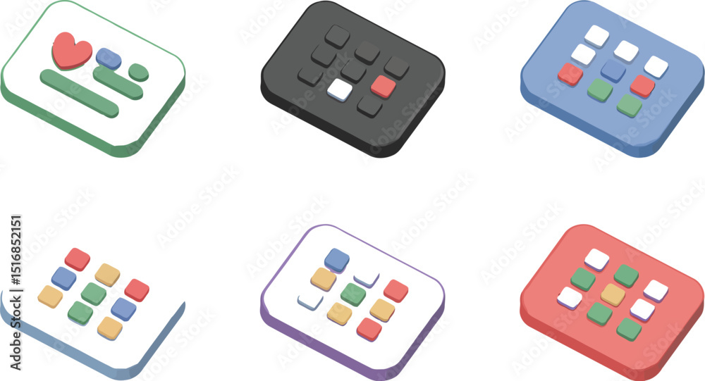 Isometric view of six colored cards with icons and square patterns on a ...
