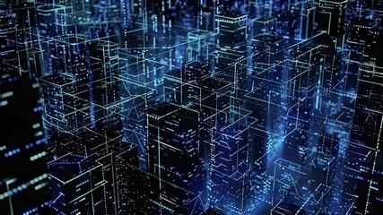 Poster - Dynamic view of a modern city illuminated by blue lights, showcasing intricate structures and a vibrant urban atmosphere