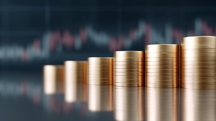 Poster - This image shows stacks of coins arranged to symbolize financial growth. The background features a digital graph indicating market trends. A great choice for financial themes and presentations. AI
