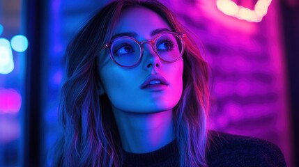Poster - A blue and purple neon frame with copy space banner