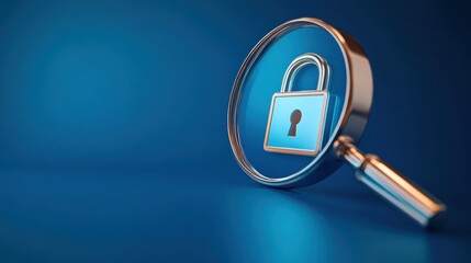 Poster - Magnifier zooming in on padlock icon on blue background. Web secuirty concept. 3D Rendering illustration , no logos, no brands