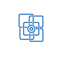 Poster - Blue square outline design with intersecting lines and a circle in the center on white background